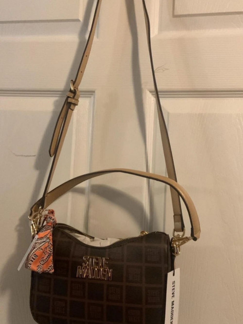 Steve Madden Brown Crossbody Bag with Tan Strap and Orange Accent Scarf